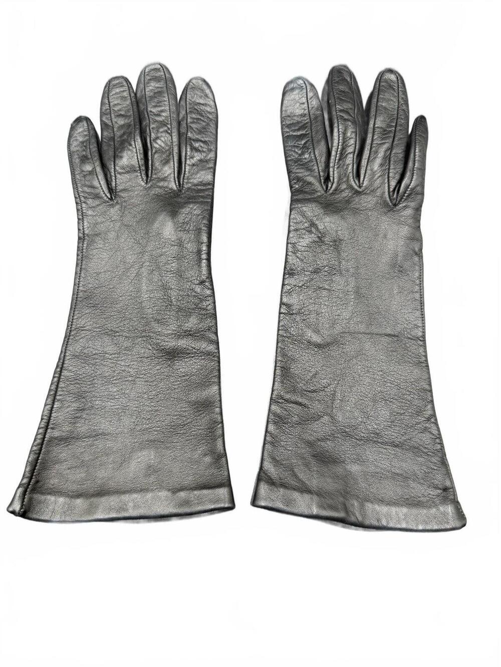 Saks Fifth Avenue Vintage Black Kidskin Leather Mid Arm Long Gloves 6.5 Unlined